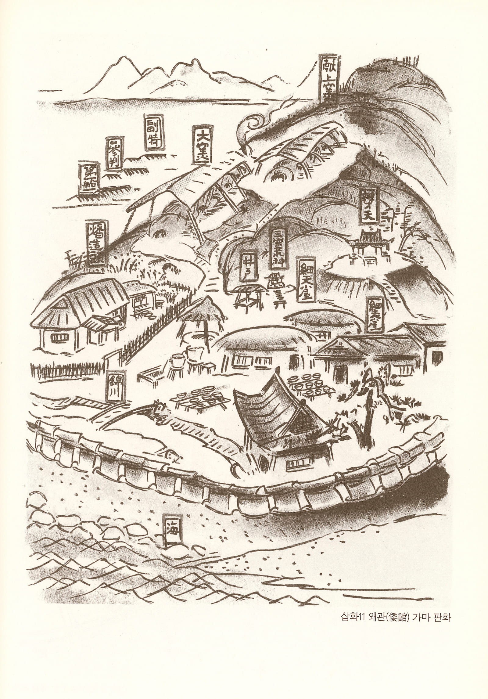 a cartoon-style map of a yellow hill with various buildings and trees scattered around.
