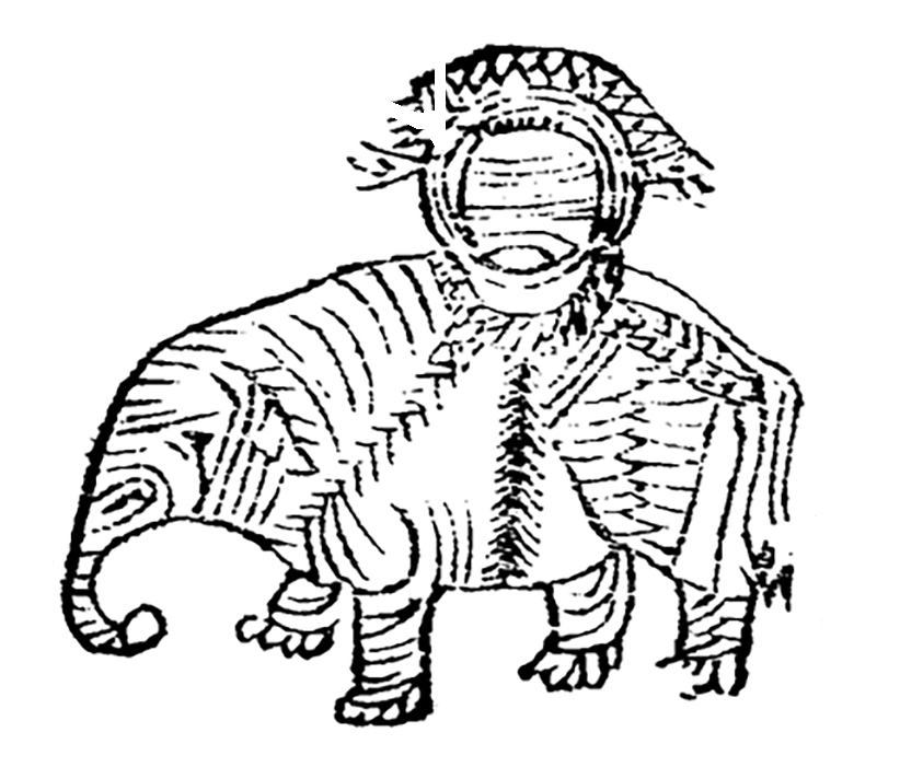a black line drawing of an elephant facing left with the top opening of the vessel on the elephant's back turned toward the reader